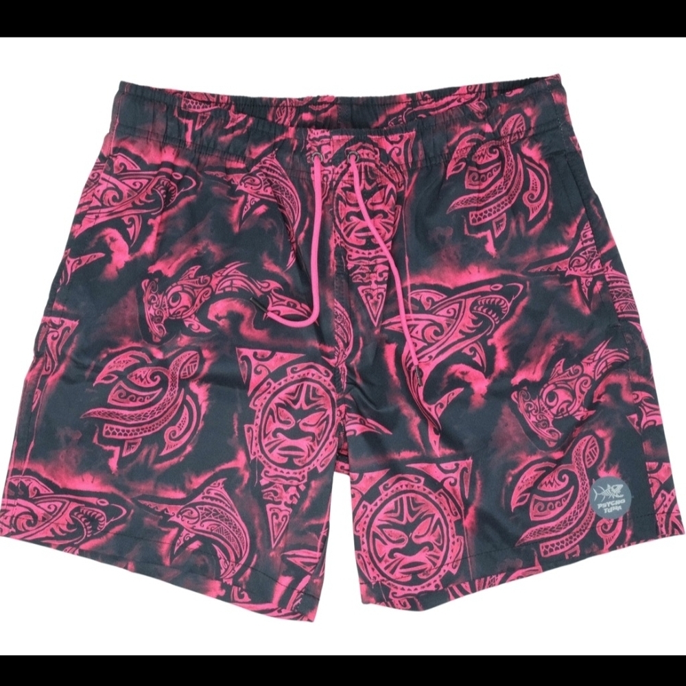 Psycho Tuna Mens Small Tribal Swim Shorts Pink Black NWT